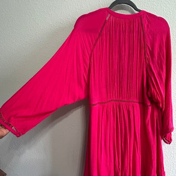 Free People Go Lightly V-Neck Swing Dress Medium Hot Pink Boho Soft Grunge Chic - Picture 9 of 13